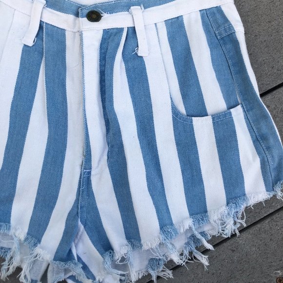 Not Guilty Cutoff Striped High Waist Fringe Jean Shorts Size S Made in USA - Picture 2 of 6